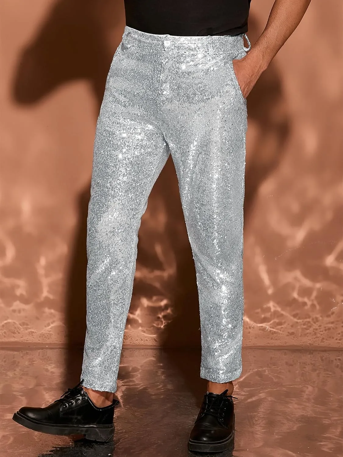 Lars Amadeus Shiny Pants for Men's Glitter 70s Disco Night Club Tapered Sequin Pants