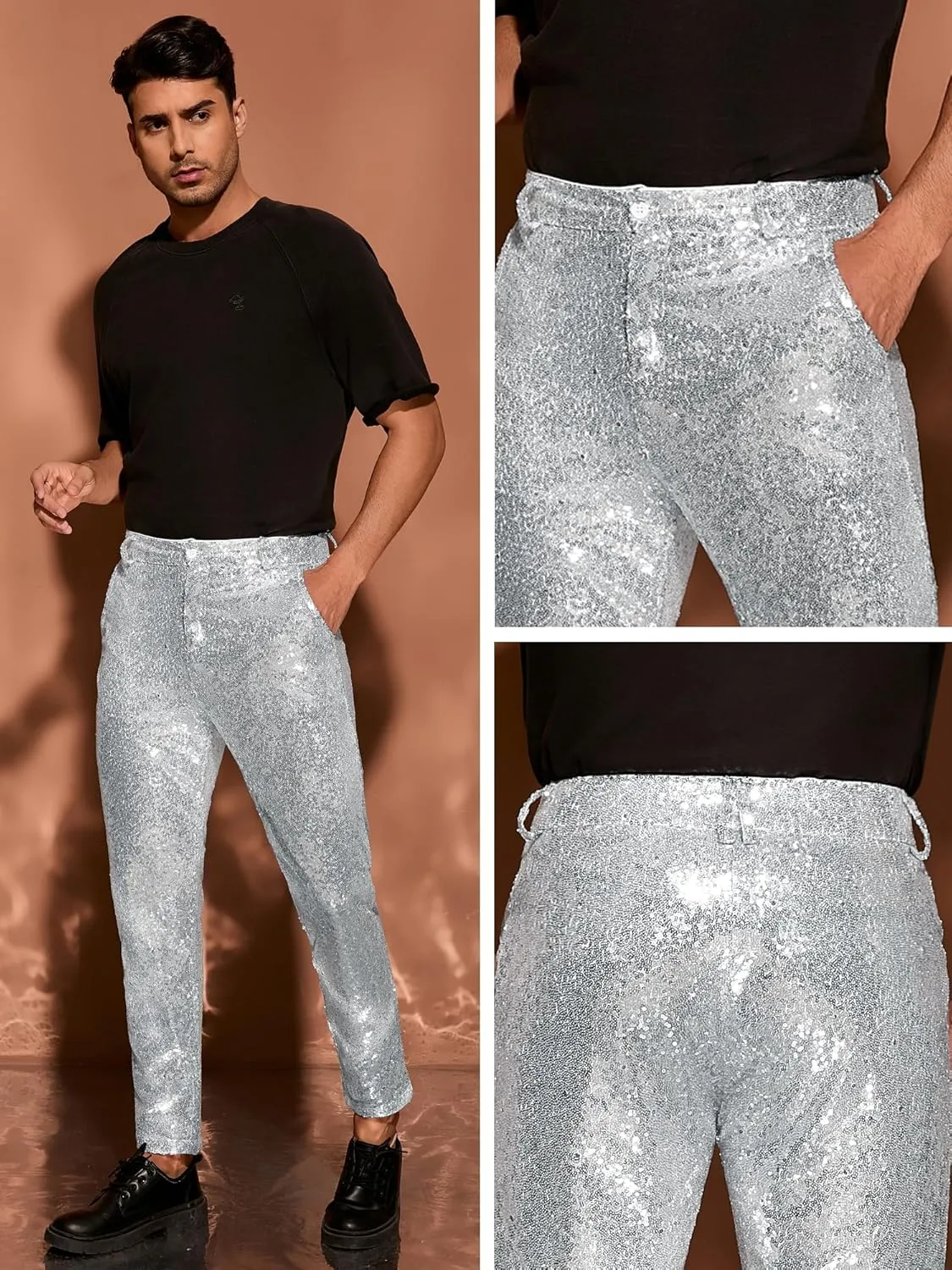 Lars Amadeus Shiny Pants for Men's Glitter 70s Disco Night Club Tapered Sequin Pants
