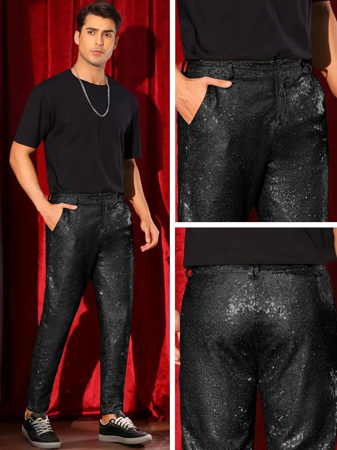 Lars Amadeus Shiny Pants for Men's Glitter 70s Disco Night Club Tapered Sequin Pants