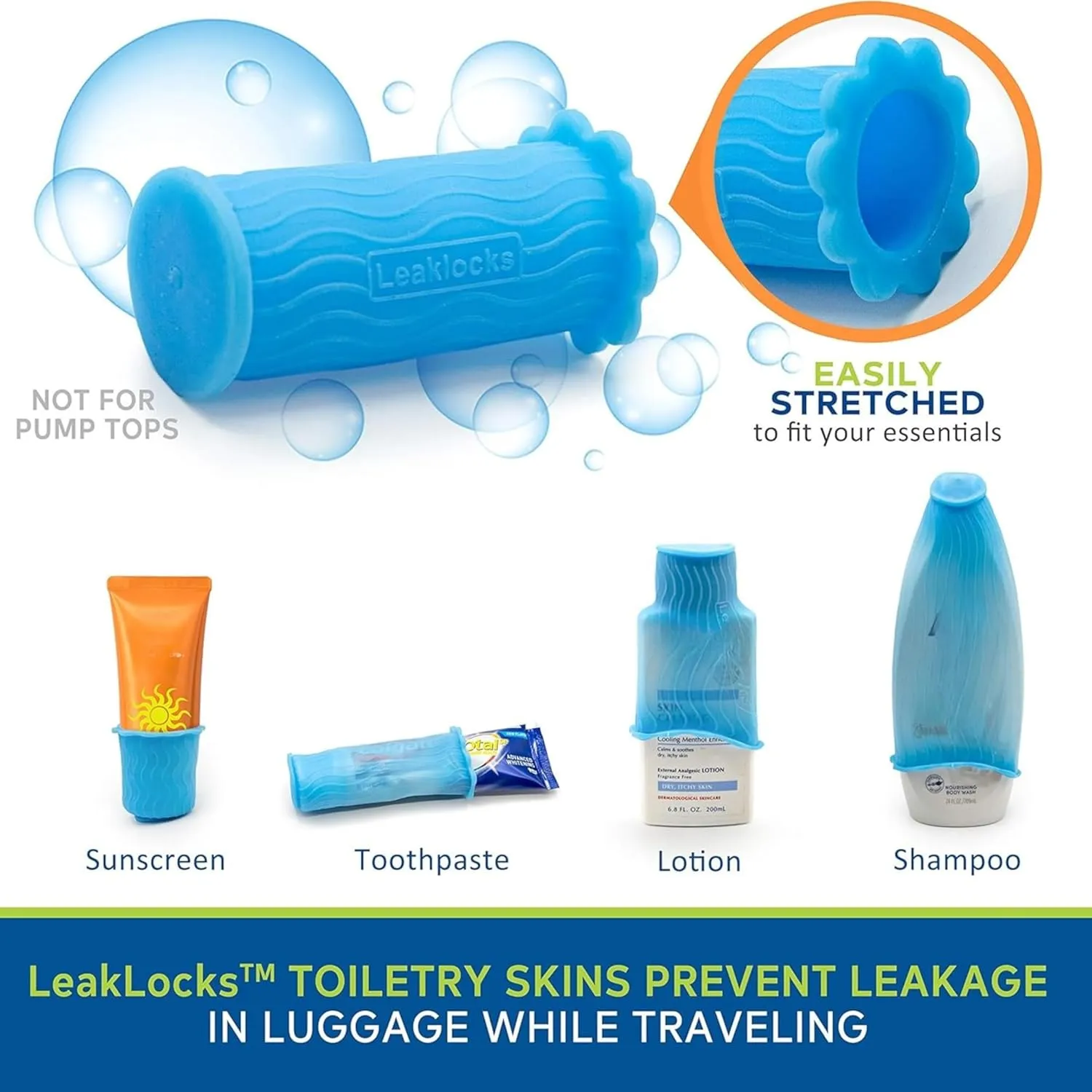 LeakLocks Toiletry Skins Elastic Sleeve for Leak Proofing Travel Container in Luggage. For Standard and Travel Sized Toiletries. Reusable Accessory for Travel Bag Suitcase and Carry-on Luggage