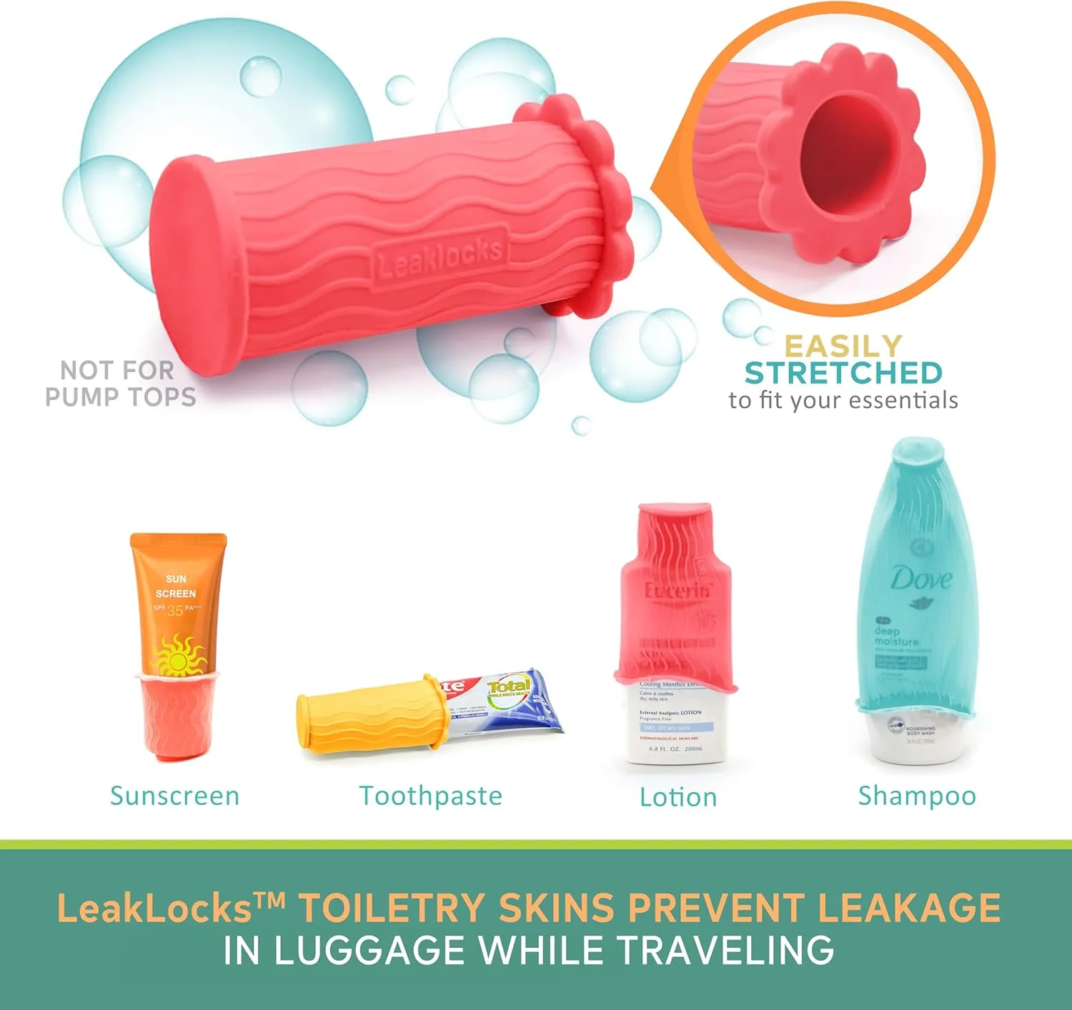 LeakLocks Toiletry Skins Elastic Sleeve for Leak Proofing Travel Container in Luggage. For Standard and Travel Sized Toiletries. Reusable Accessory for Travel Bag Suitcase and Carry-on Luggage
