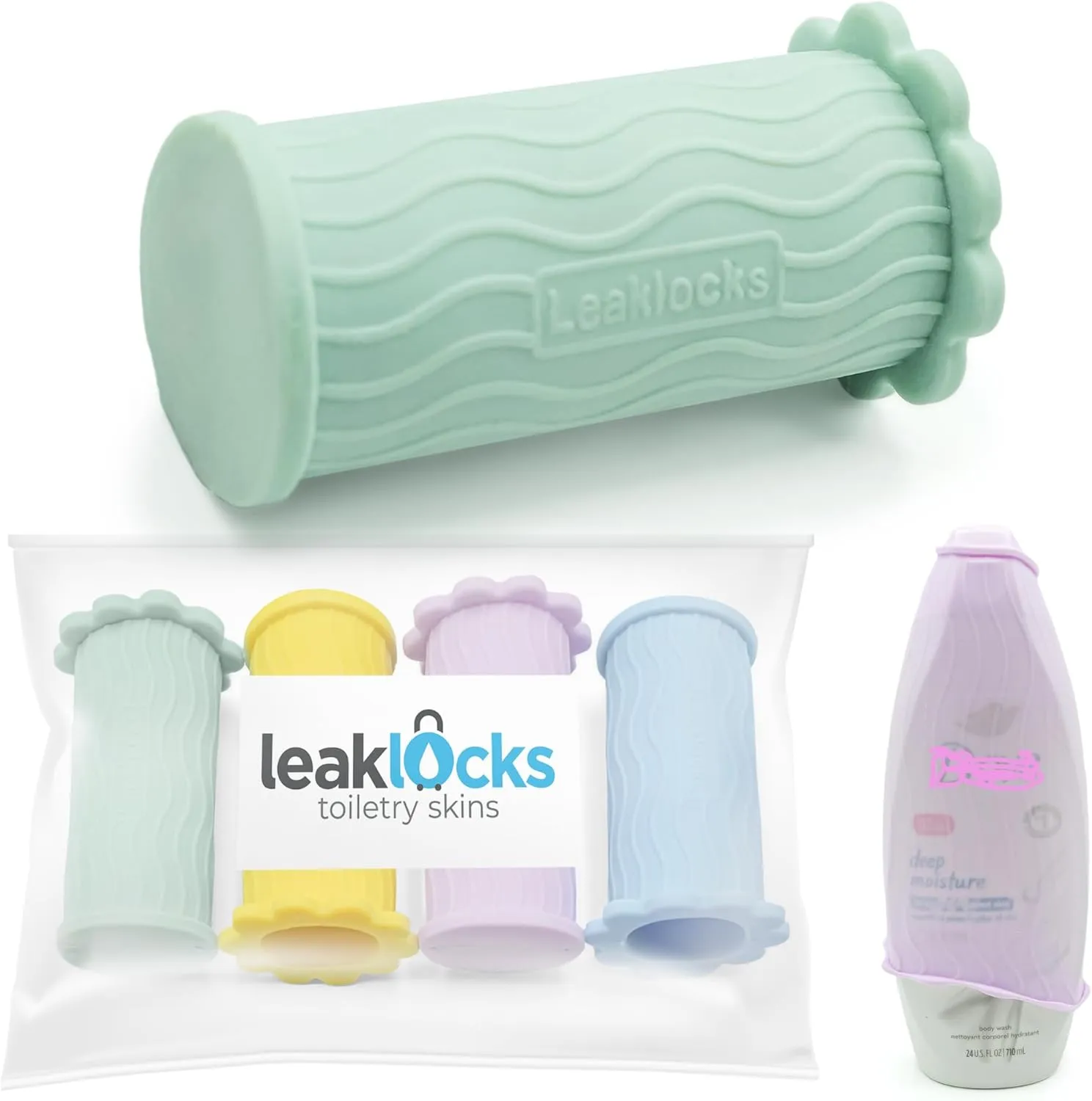 LeakLocks Toiletry Skins Elastic Sleeve for Leak Proofing Travel Container in Luggage. For Standard and Travel Sized Toiletries. Reusable Accessory for Travel Bag Suitcase and Carry-on Luggage
