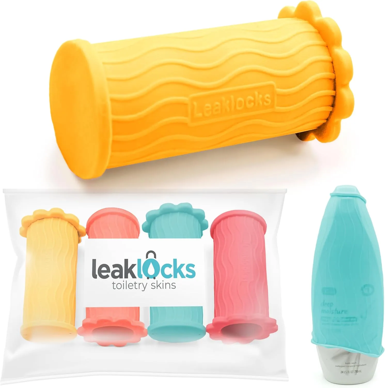 LeakLocks Toiletry Skins Elastic Sleeve for Leak Proofing Travel Container in Luggage. For Standard and Travel Sized Toiletries. Reusable Accessory for Travel Bag Suitcase and Carry-on Luggage