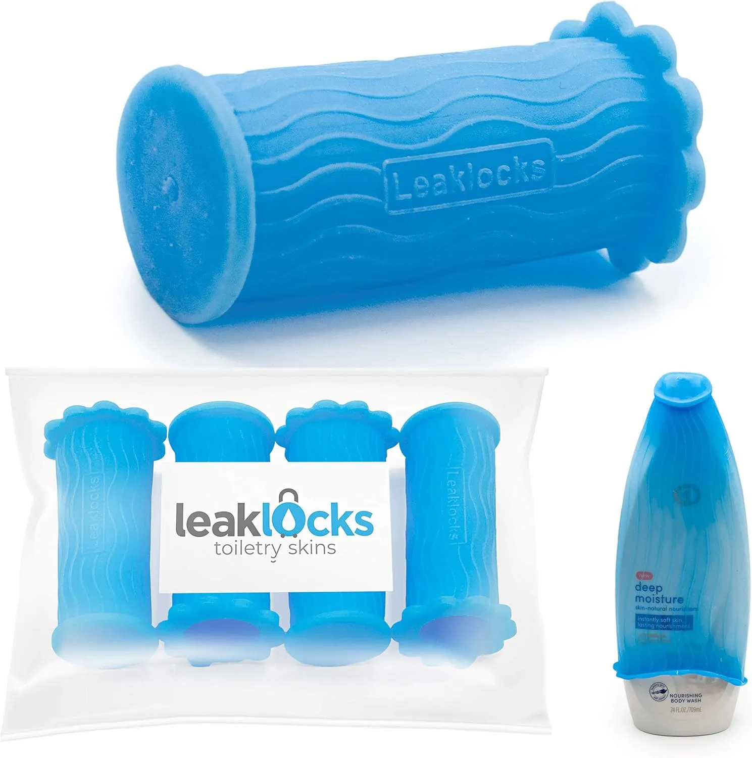 LeakLocks Toiletry Skins Elastic Sleeve for Leak Proofing Travel Container in Luggage. For Standard and Travel Sized Toiletries. Reusable Accessory for Travel Bag Suitcase and Carry-on Luggage