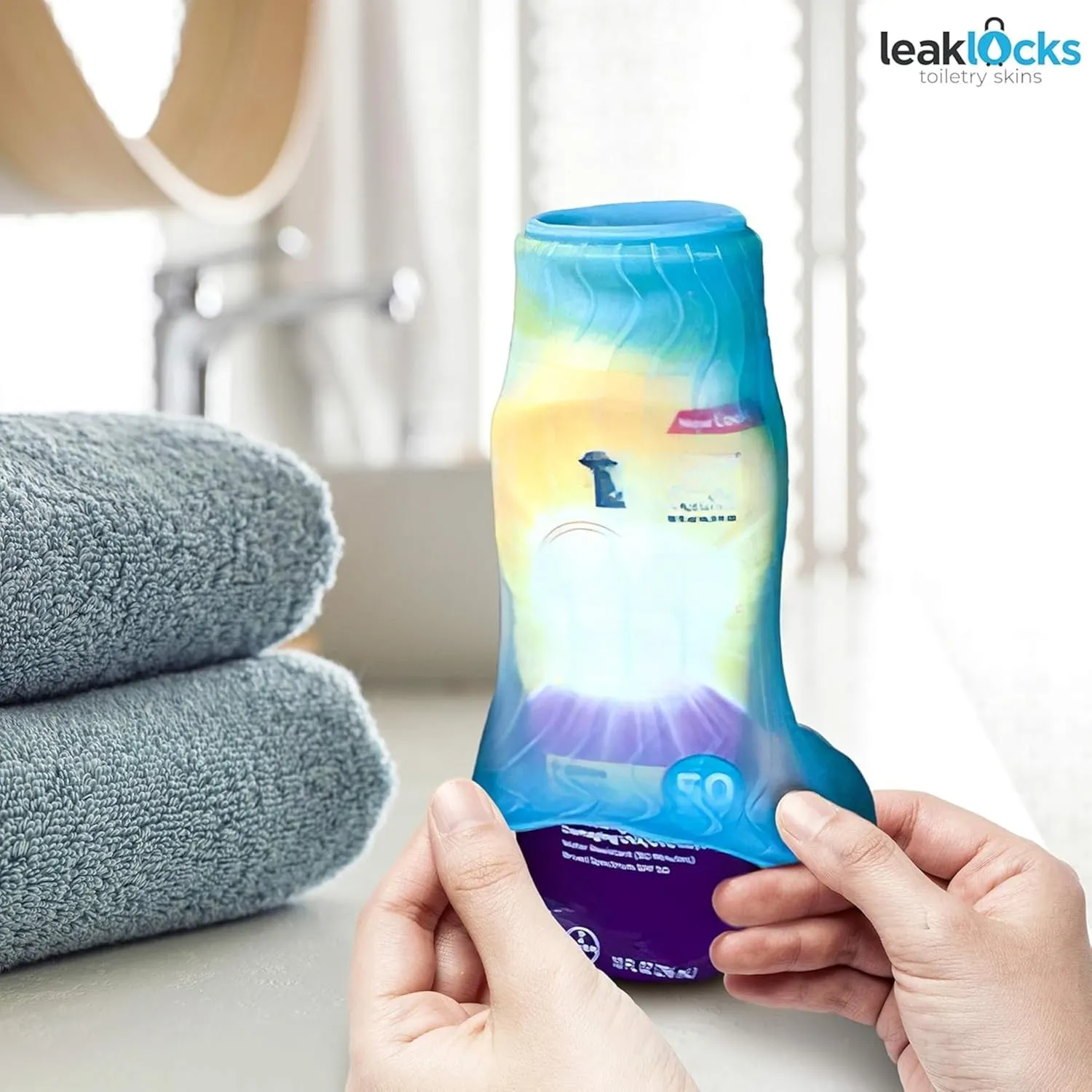 LeakLocks Toiletry Skins Elastic Sleeve for Leak Proofing Travel Container in Luggage. For Standard and Travel Sized Toiletries. Reusable Accessory for Travel Bag Suitcase and Carry-on Luggage