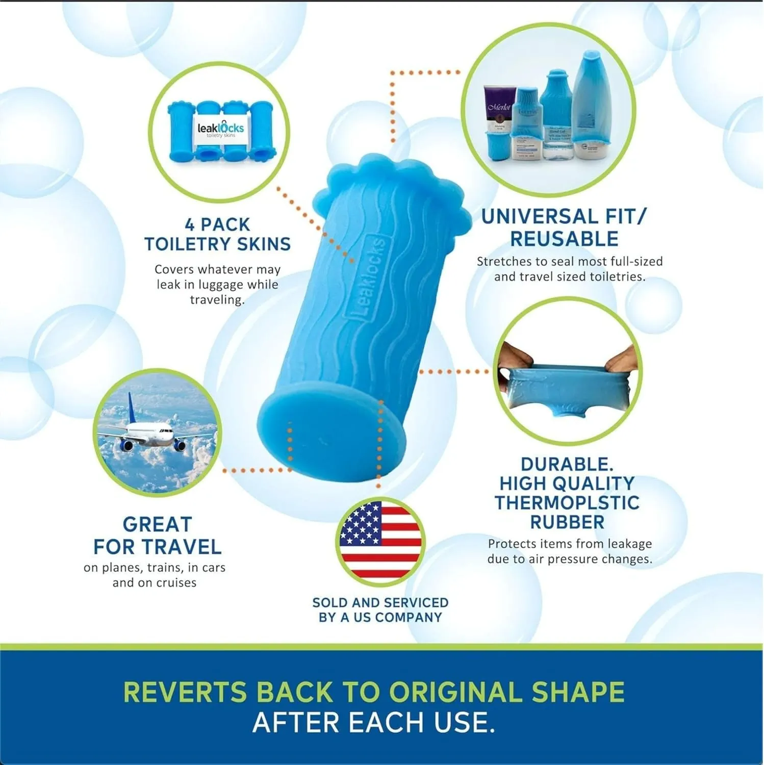 LeakLocks Toiletry Skins Elastic Sleeve for Leak Proofing Travel Container in Luggage. For Standard and Travel Sized Toiletries. Reusable Accessory for Travel Bag Suitcase and Carry-on Luggage