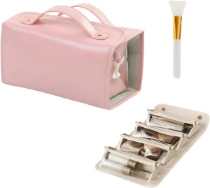 Leather Waterproof Cosmetic Bag Detachable 4 in 1 Travel Toiletry Bag for Women (Pink)