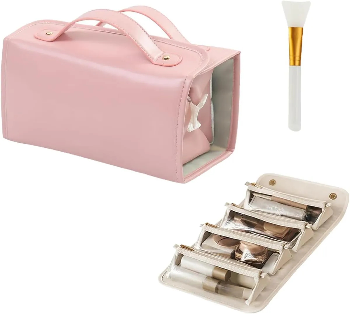 Leather Waterproof Cosmetic Bag Detachable 4 in 1 Travel Toiletry Bag for Women (Pink)