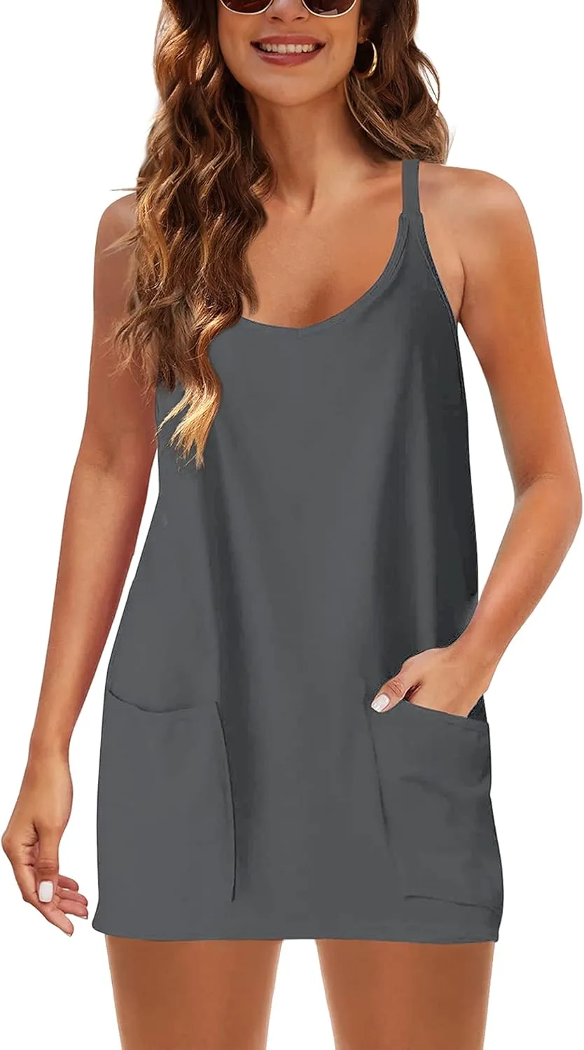 Lianlive Women Athletic Mini Dresses Built-in Shorts Set Summer Sleeveless Sundress Hot Shot Mini Dress