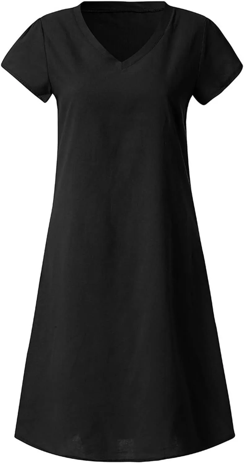 Linen Dresses for Women 2025 Flowy Casual V Neck Midi Dress Lightweight Summer Beach Clothes