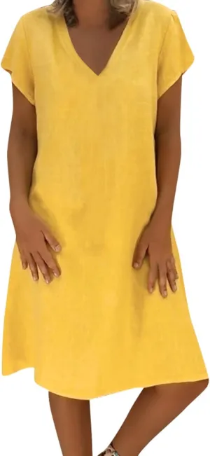 Linen Dresses for Women 2025 Flowy Casual V Neck Midi Dress Lightweight Summer Beach Clothes