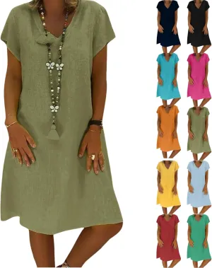 Linen Dresses for Women 2025 Flowy Casual V Neck Midi Dress Lightweight Summer Beach Clothes