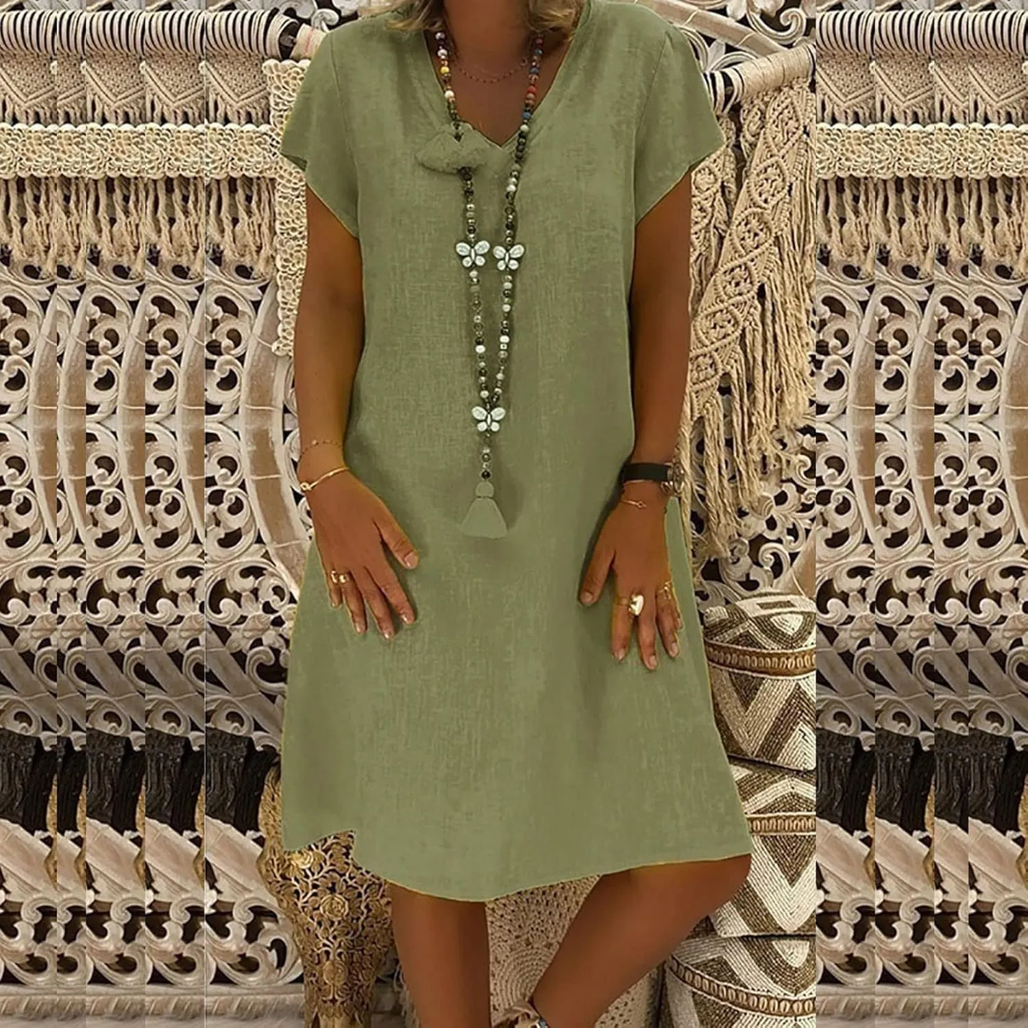 Linen Dresses for Women 2025 Flowy Casual V Neck Midi Dress Lightweight Summer Beach Clothes