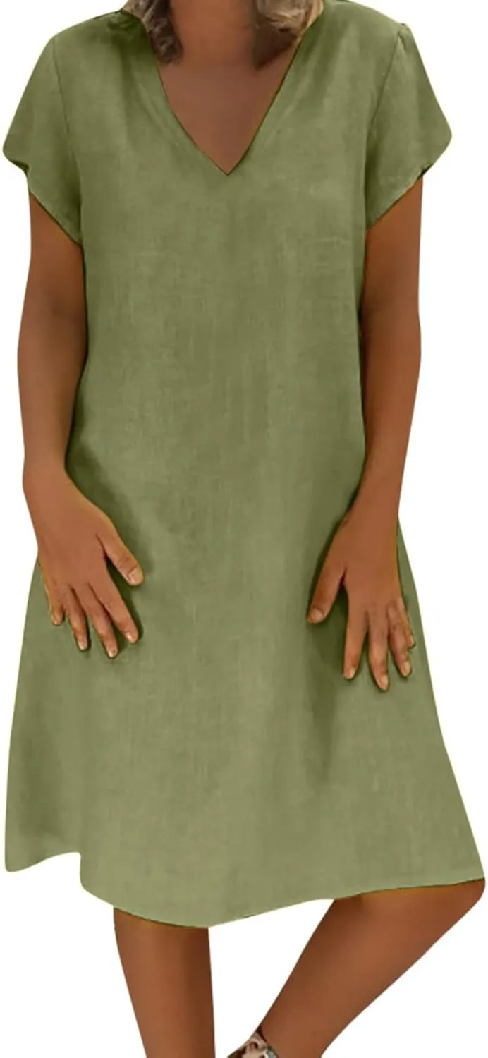 Linen Dresses for Women 2025 Flowy Casual V Neck Midi Dress Lightweight Summer Beach Clothes