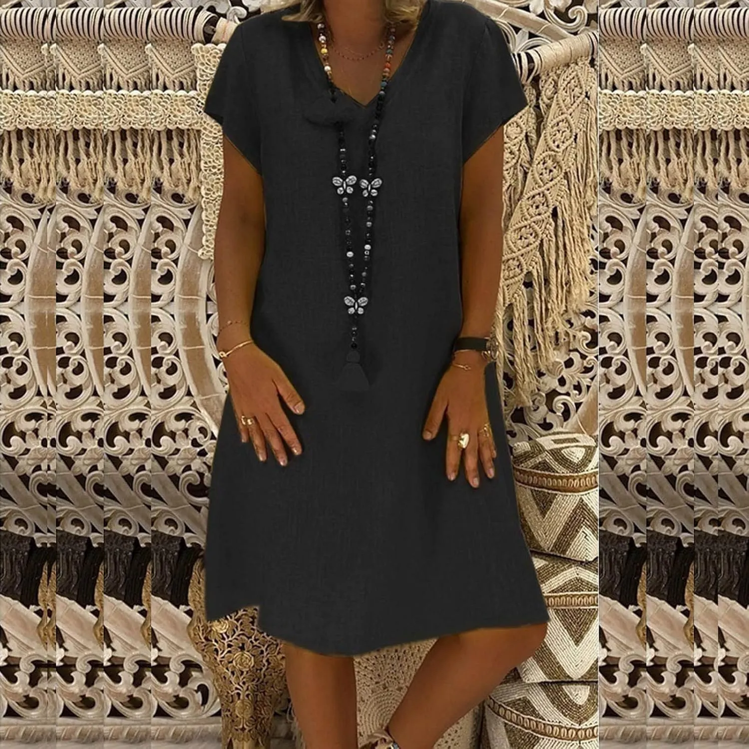 Linen Dresses for Women 2025 Flowy Casual V Neck Midi Dress Lightweight Summer Beach Clothes