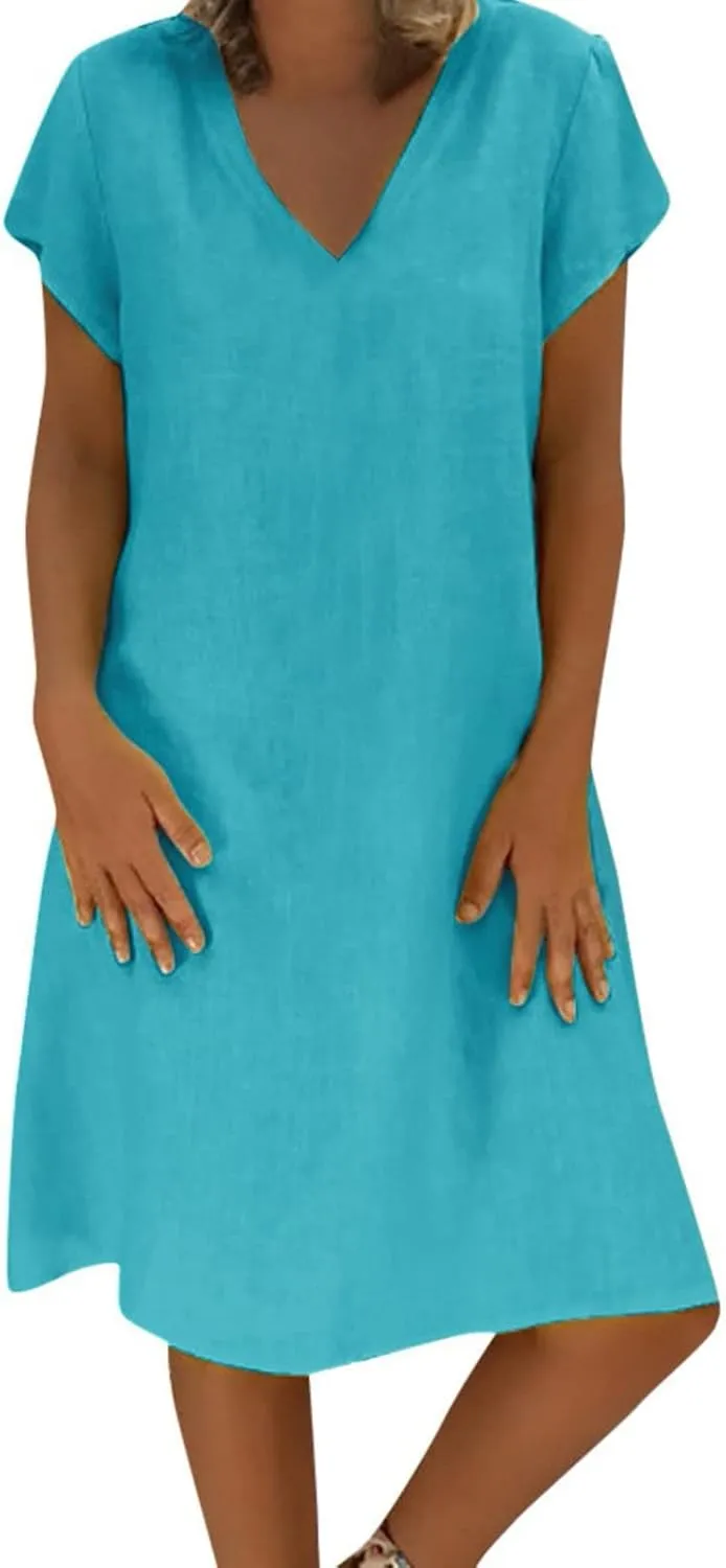Linen Dresses for Women 2025 Flowy Casual V Neck Midi Dress Lightweight Summer Beach Clothes