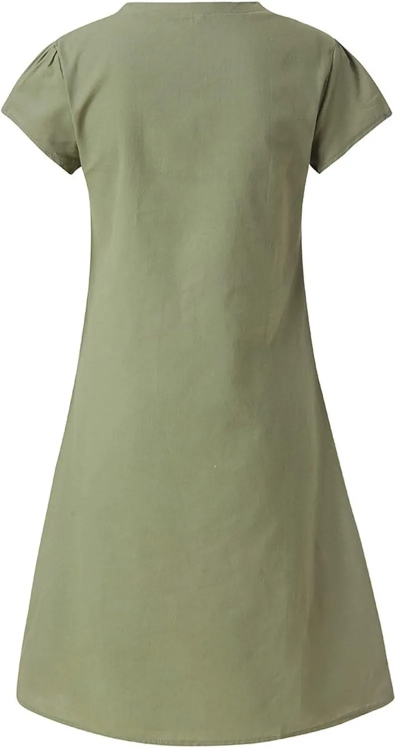 Linen Dresses for Women 2025 Flowy Casual V Neck Midi Dress Lightweight Summer Beach Clothes