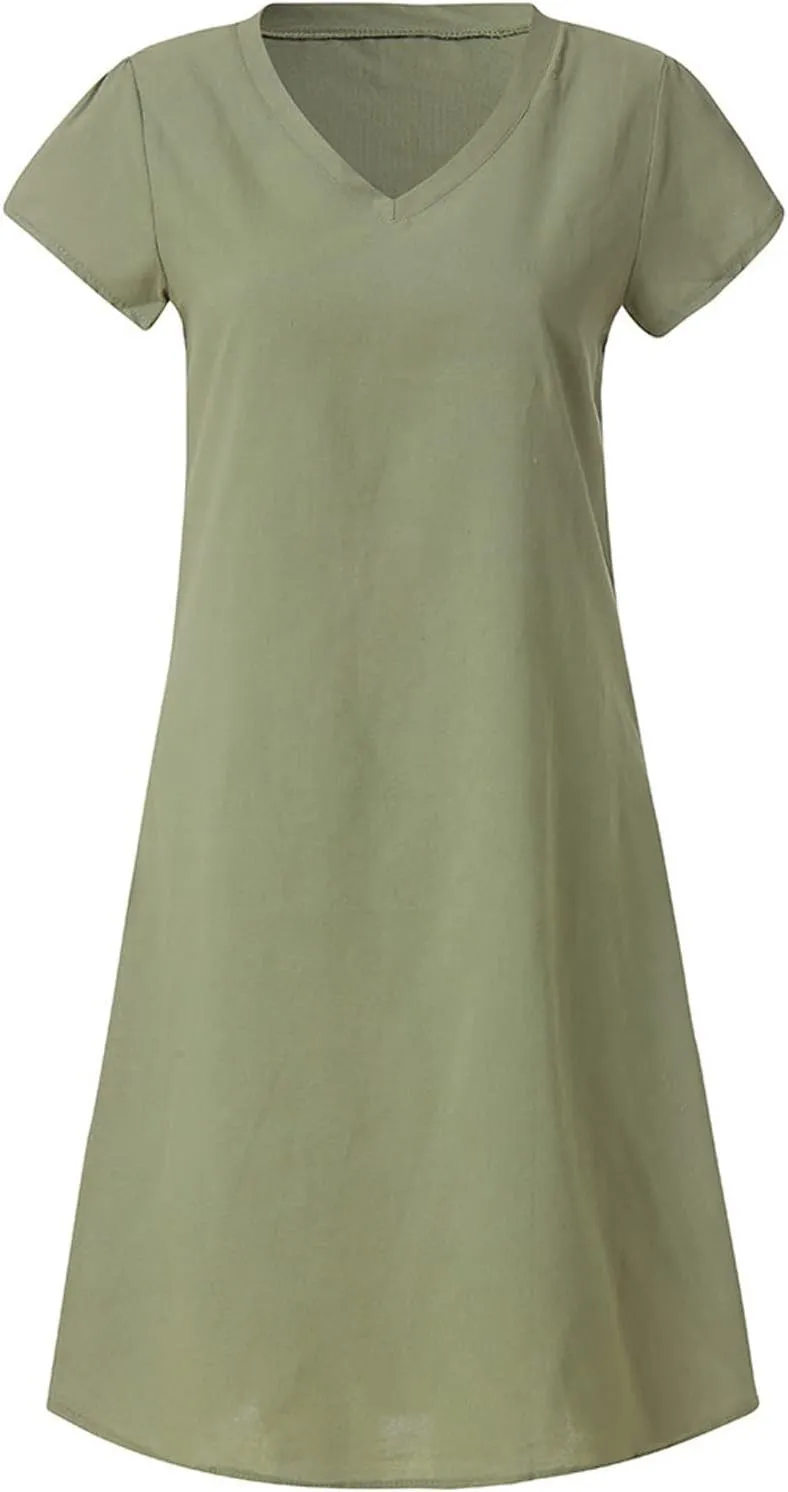 Linen Dresses for Women 2025 Flowy Casual V Neck Midi Dress Lightweight Summer Beach Clothes