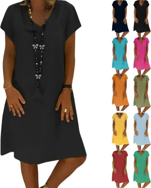 Linen Dresses for Women 2025 Flowy Casual V Neck Midi Dress Lightweight Summer Beach Clothes