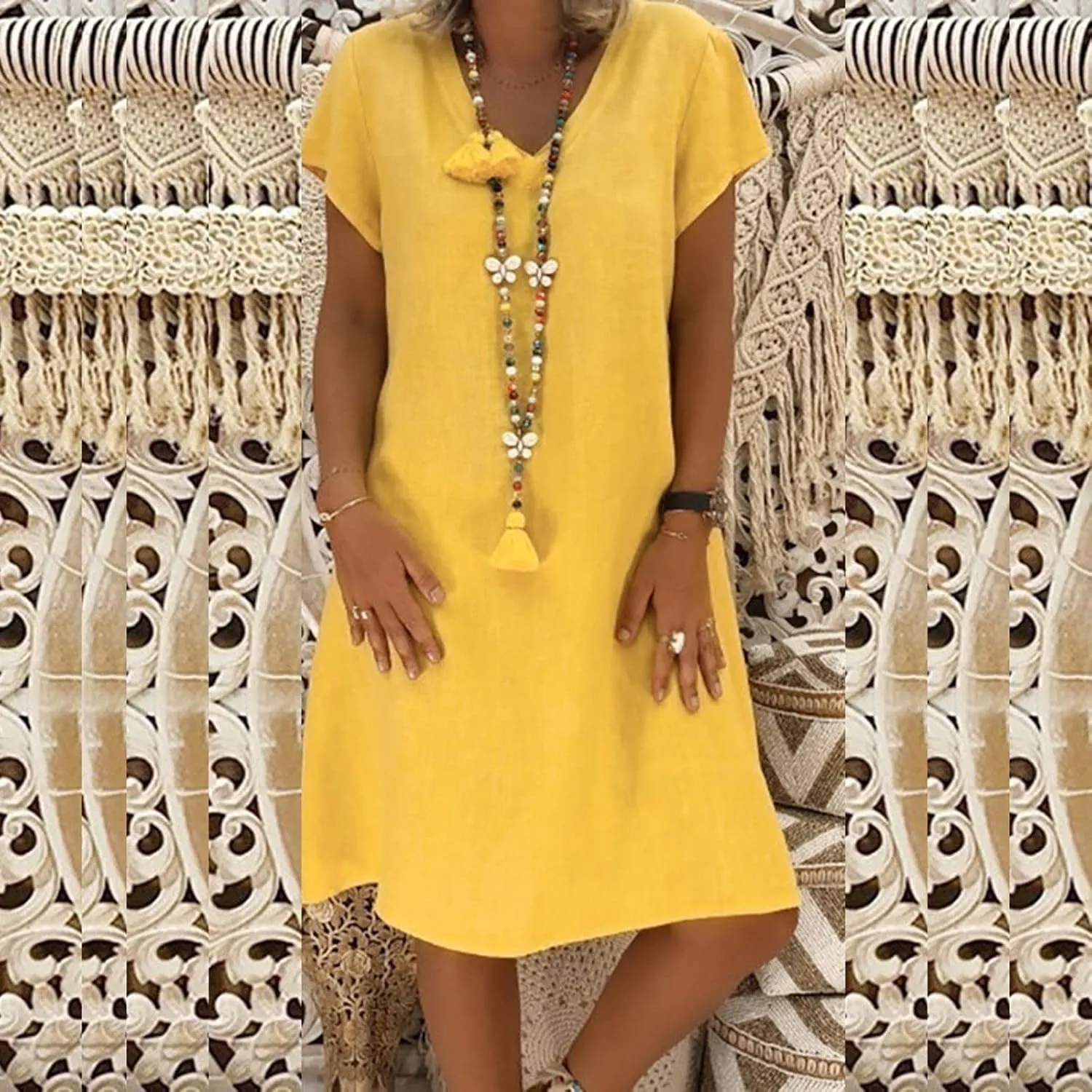 Linen Dresses for Women 2025 Flowy Casual V Neck Midi Dress Lightweight Summer Beach Clothes