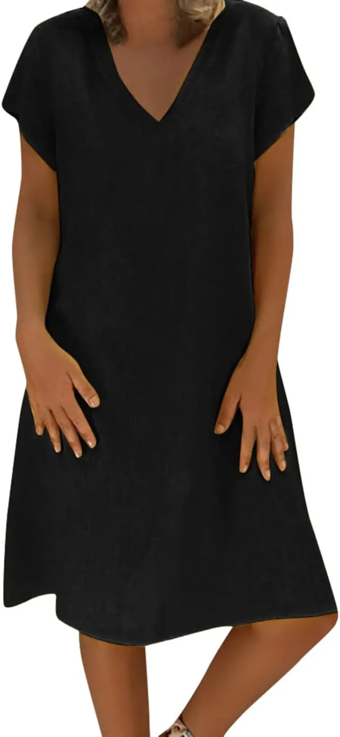 Linen Dresses for Women 2025 Flowy Casual V Neck Midi Dress Lightweight Summer Beach Clothes