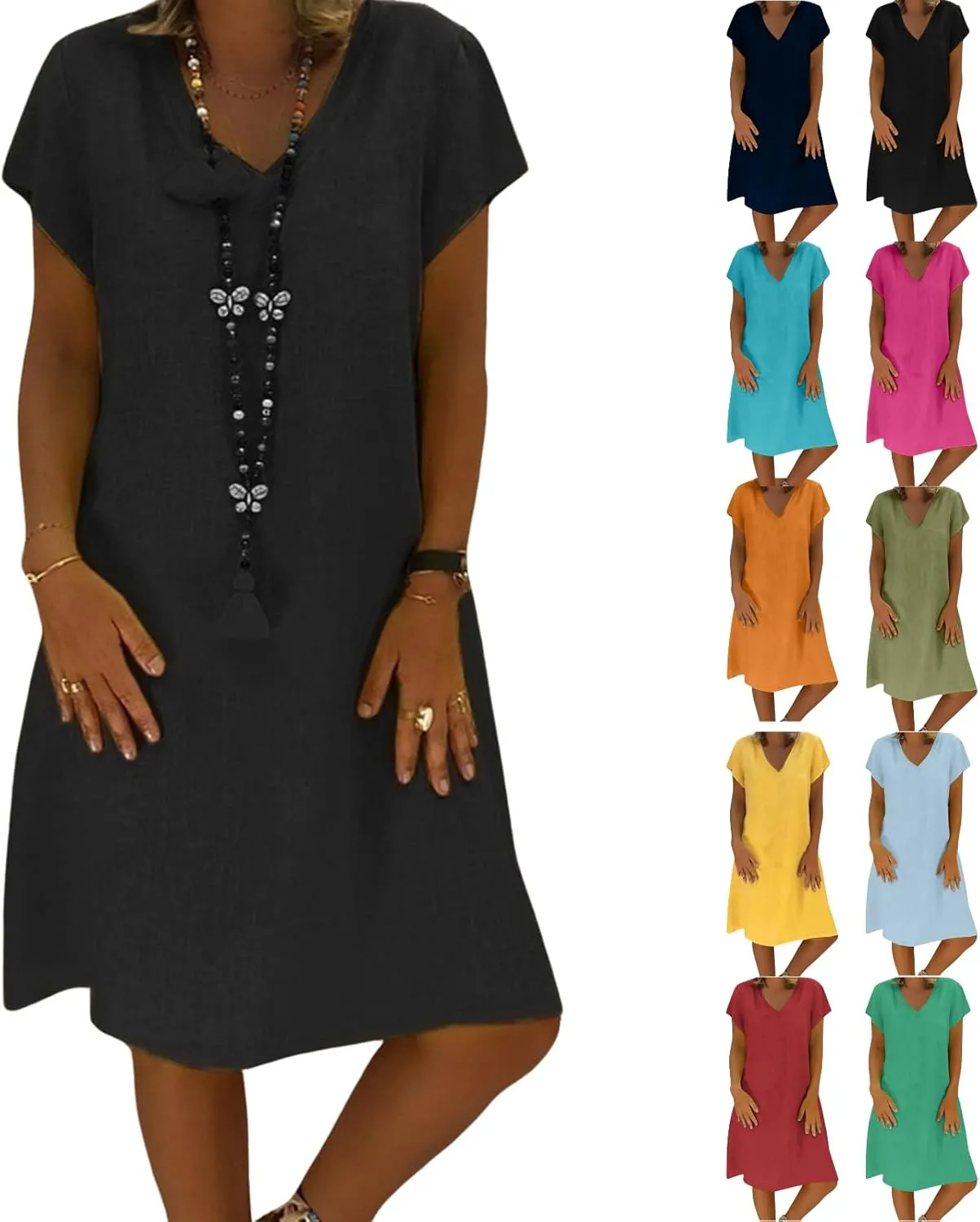 Linen Dresses for Women 2025 Flowy Casual V Neck Midi Dress Lightweight Summer Beach Clothes
