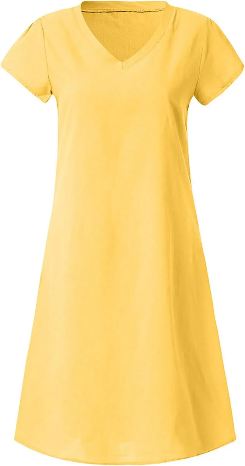 Linen Dresses for Women 2025 Flowy Casual V Neck Midi Dress Lightweight Summer Beach Clothes