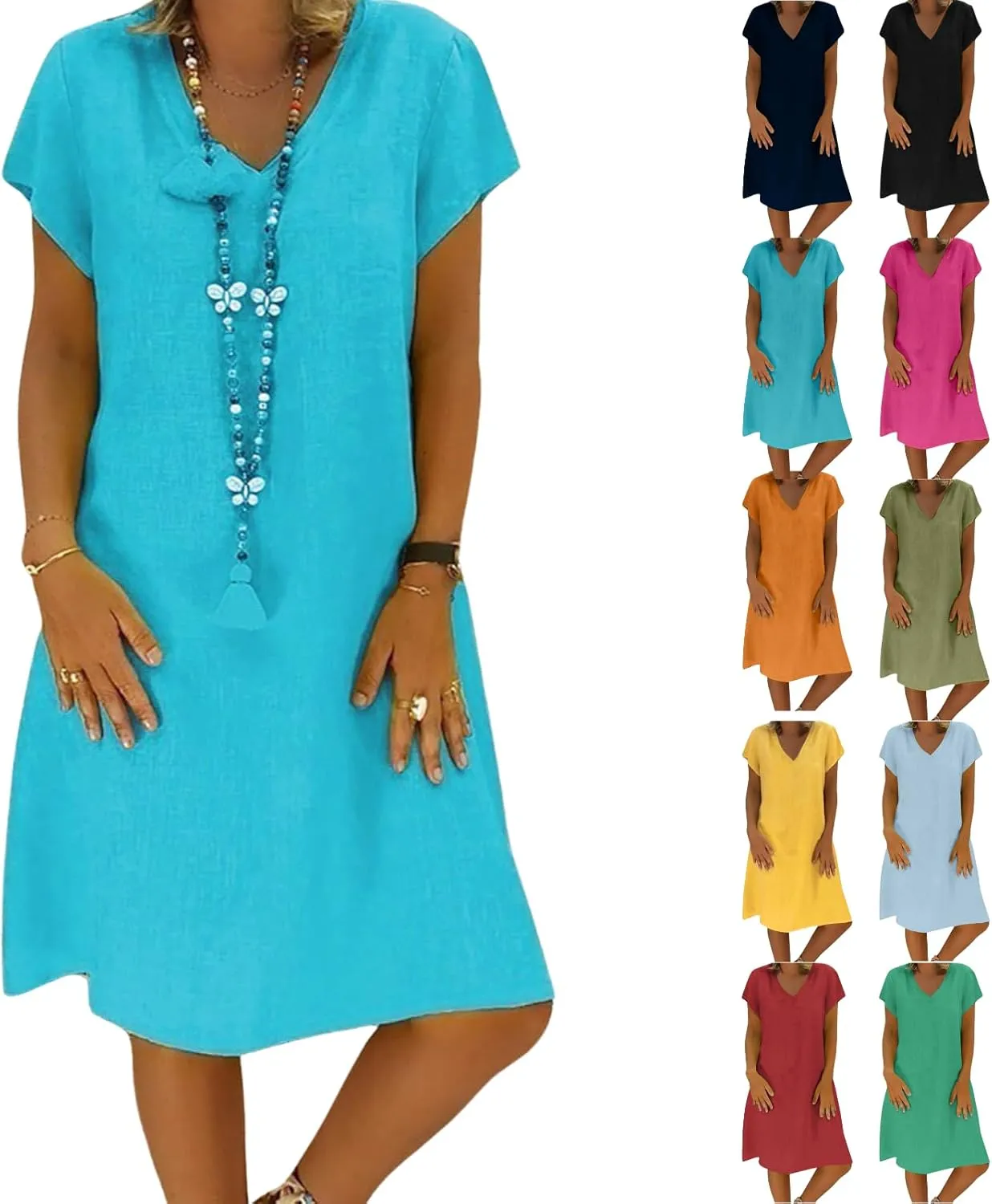 Linen Dresses for Women 2025 Flowy Casual V Neck Midi Dress Lightweight Summer Beach Clothes