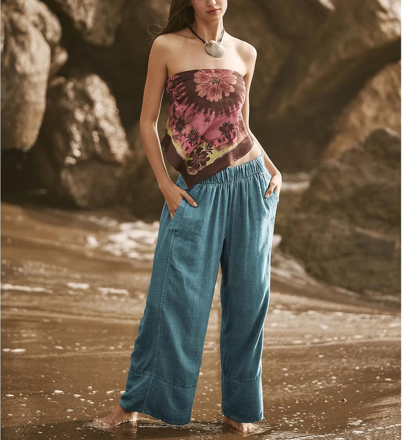 Linen Pants for Women Cotton Baggy Boho Casual Palazzo Pants Wide Leg Long Lounge Trousers with Pockets