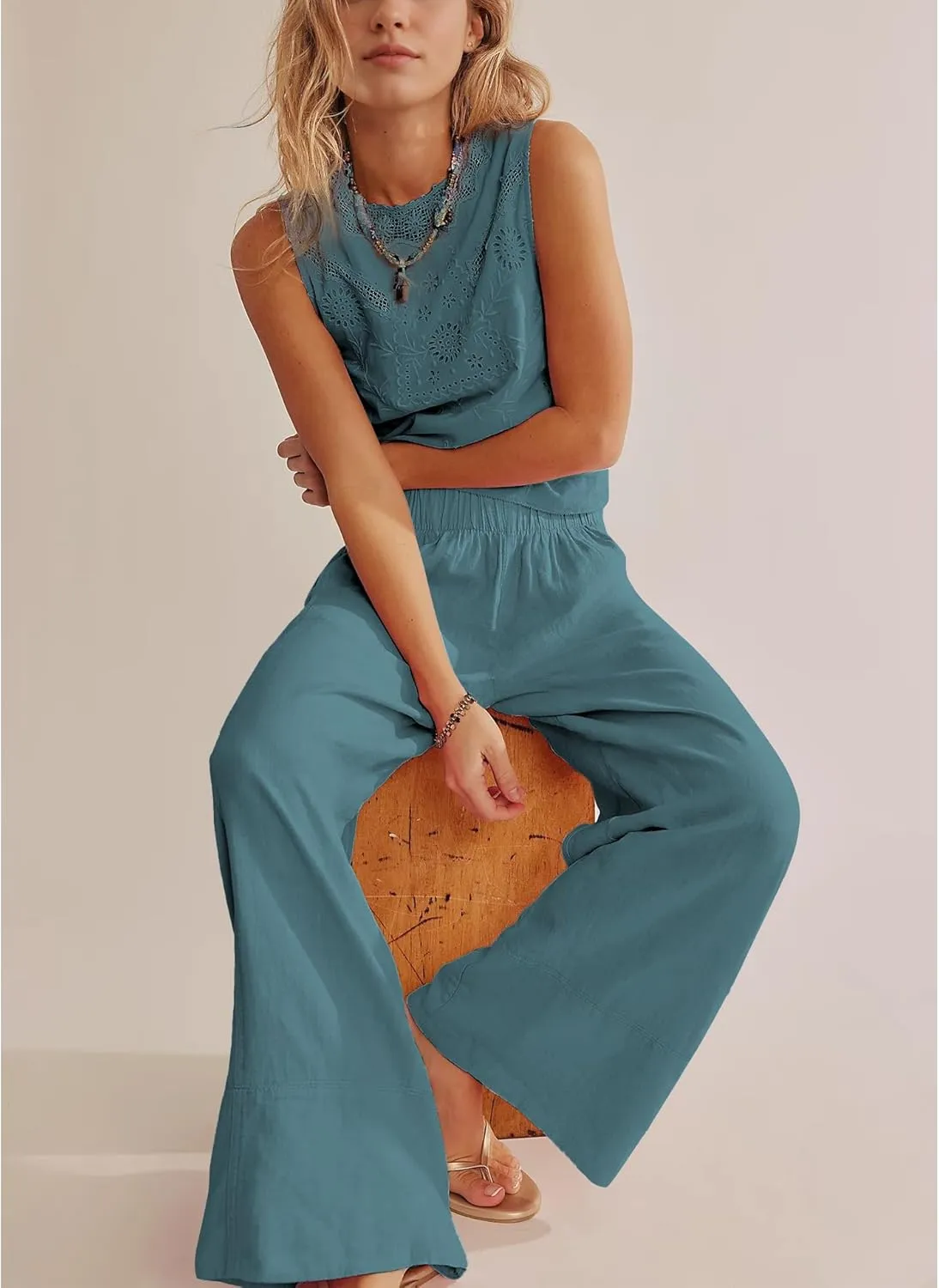 Linen Pants for Women Cotton Baggy Boho Casual Palazzo Pants Wide Leg Long Lounge Trousers with Pockets