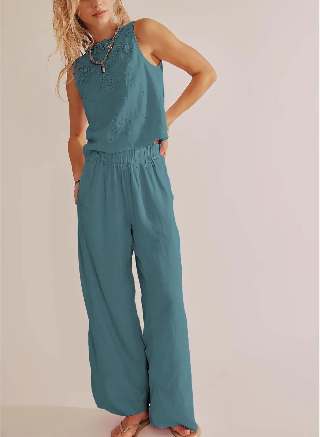 Linen Pants for Women Cotton Baggy Boho Casual Palazzo Pants Wide Leg Long Lounge Trousers with Pockets