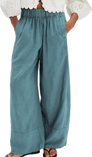 Linen Pants for Women Cotton Baggy Boho Casual Palazzo Pants Wide Leg Long Lounge Trousers with Pockets