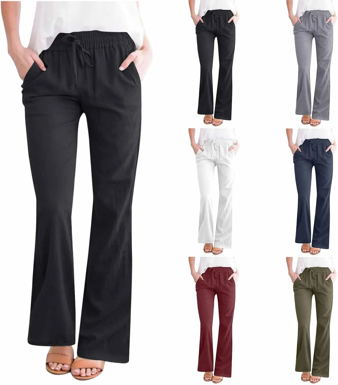 Linen Pants Women Summer Drawstring Plus Size Linen Pants for Women Casual Baggy High Waisted Pants Trousers