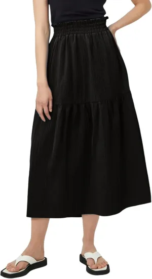 Linen Skirts for Women Boho Flowy Smocked Elastic Waist Midi Skirt with Slit Tiered Ruffle Summer Beach Cute Skirts