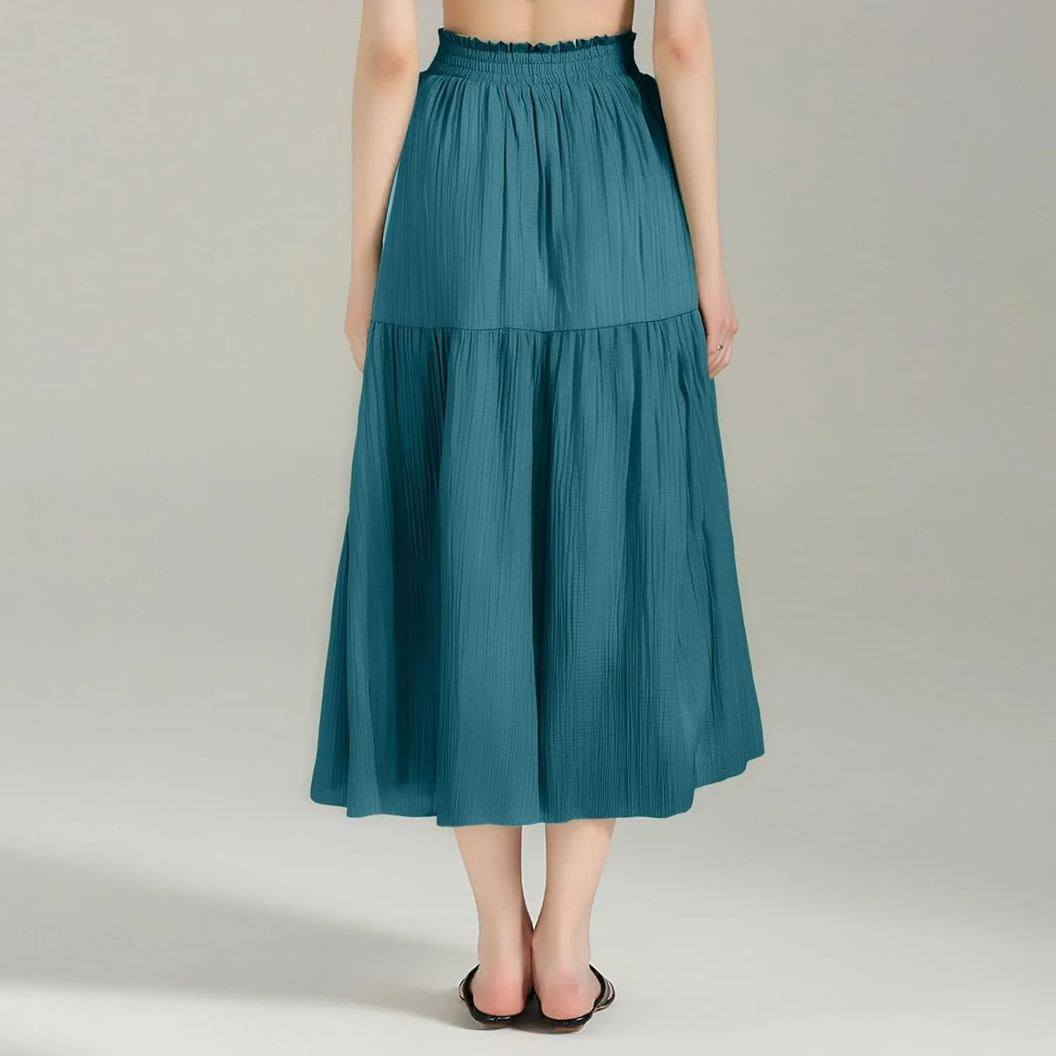 Linen Skirts for Women Boho Flowy Smocked Elastic Waist Midi Skirt with Slit Tiered Ruffle Summer Beach Cute Skirts