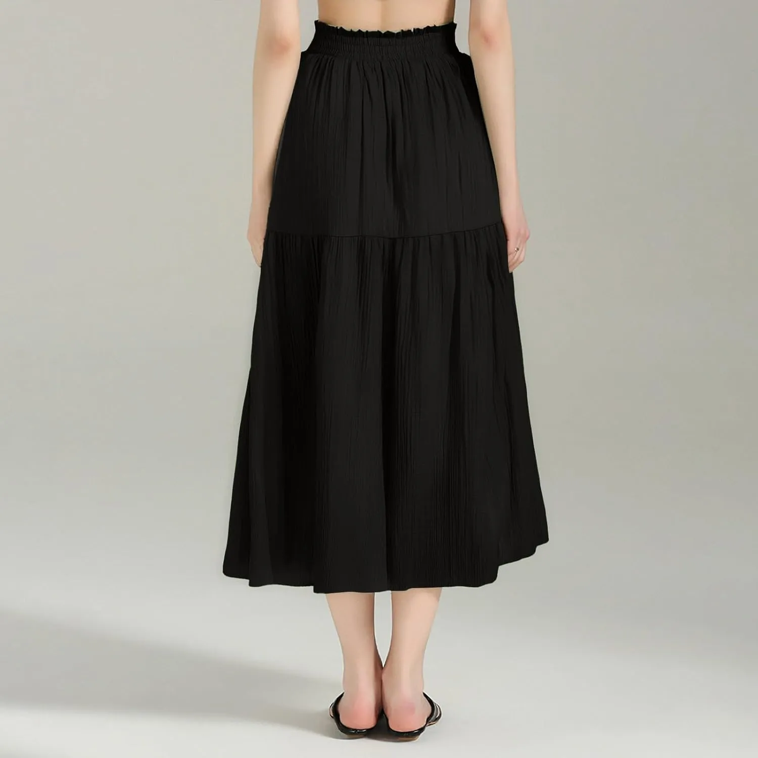 Linen Skirts for Women Boho Flowy Smocked Elastic Waist Midi Skirt with Slit Tiered Ruffle Summer Beach Cute Skirts