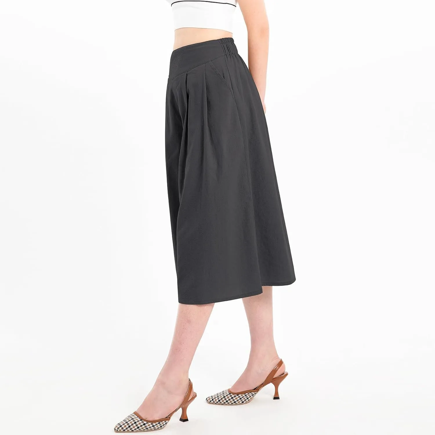 Lisskolo Women's Baggy Linen Wide Leg Palazzo Capris Pull On Embriodered Solid Summer Beach Cropped Culottes Pants Pocketed