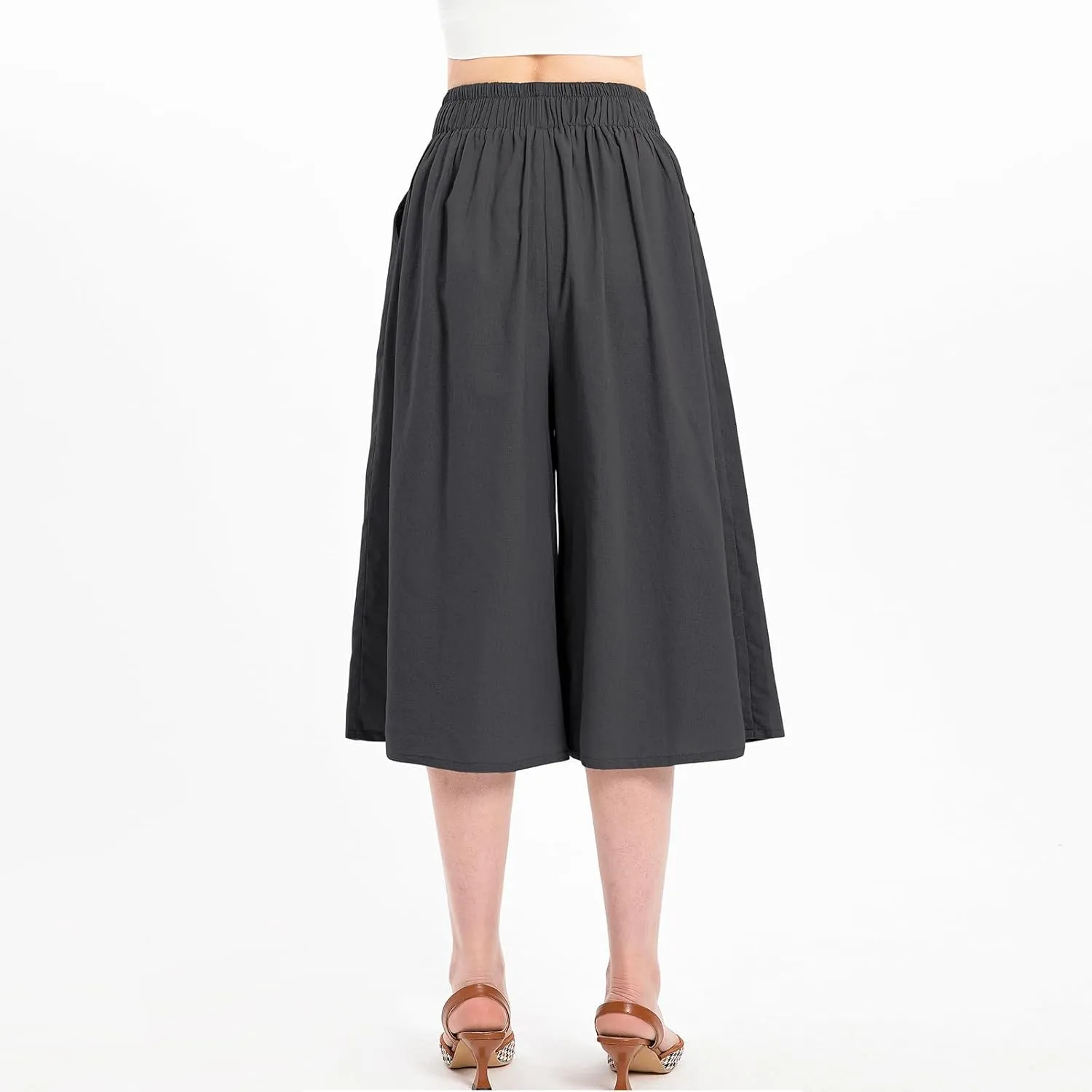 Lisskolo Women's Baggy Linen Wide Leg Palazzo Capris Pull On Embriodered Solid Summer Beach Cropped Culottes Pants Pocketed