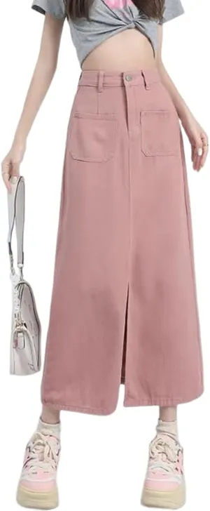 Long Denim Skirts for Women with Front Slit High Waisted Midi Pink Jean Skirt with Split