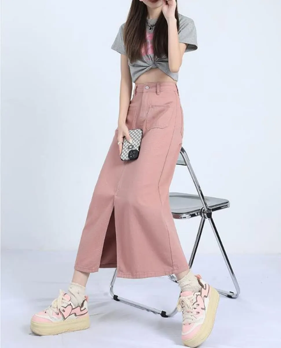 Long Denim Skirts for Women with Front Slit High Waisted Midi Pink Jean Skirt with Split