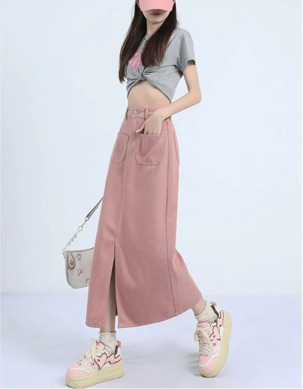 Long Denim Skirts for Women with Front Slit High Waisted Midi Pink Jean Skirt with Split