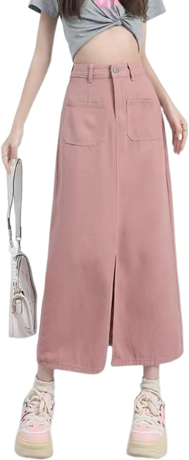 Long Denim Skirts for Women with Front Slit High Waisted Midi Pink Jean Skirt with Split