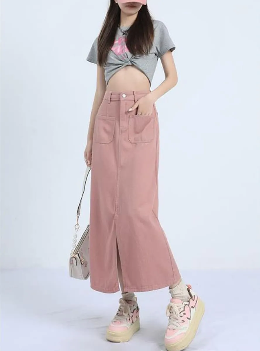 Long Denim Skirts for Women with Front Slit High Waisted Midi Pink Jean Skirt with Split