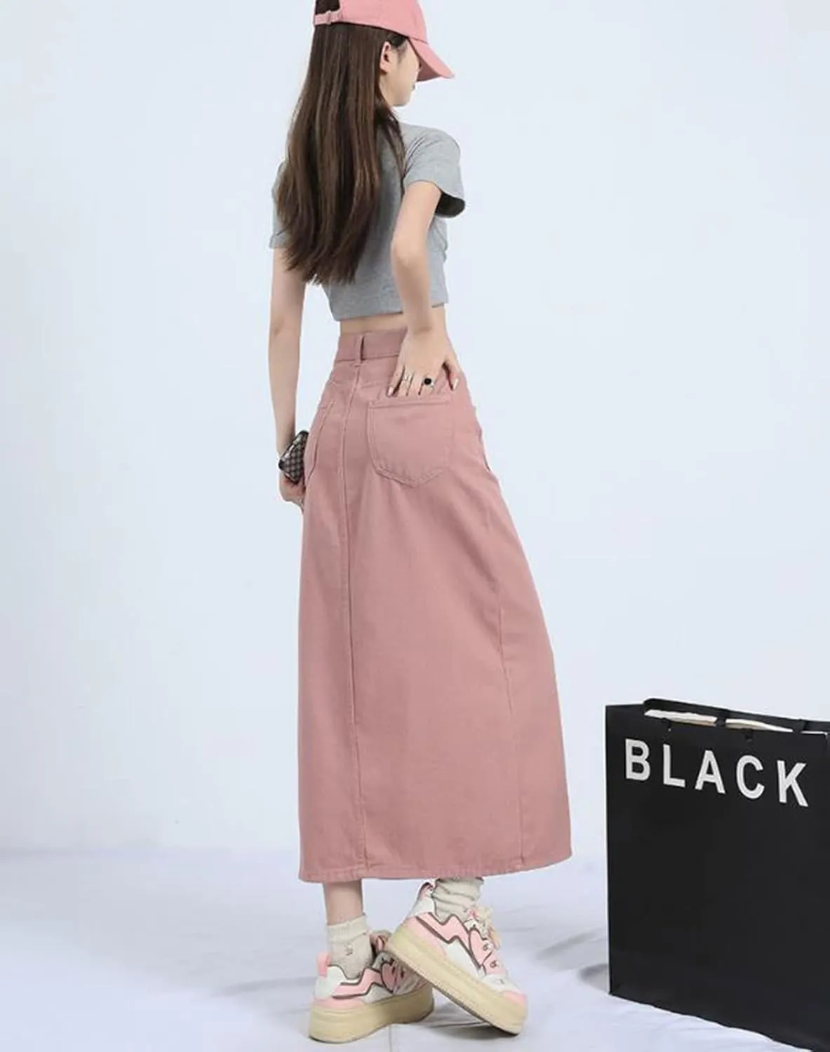 Long Denim Skirts for Women with Front Slit High Waisted Midi Pink Jean Skirt with Split