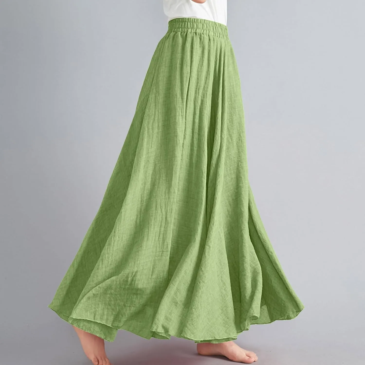 Long Skirts for Women Trendy Vacation Soft Flowy Beach Linen Maxi Skirt Full Length Elastic High Waisted Boho Skirt