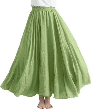 Long Skirts for Women Trendy Vacation Soft Flowy Beach Linen Maxi Skirt Full Length Elastic High Waisted Boho Skirt