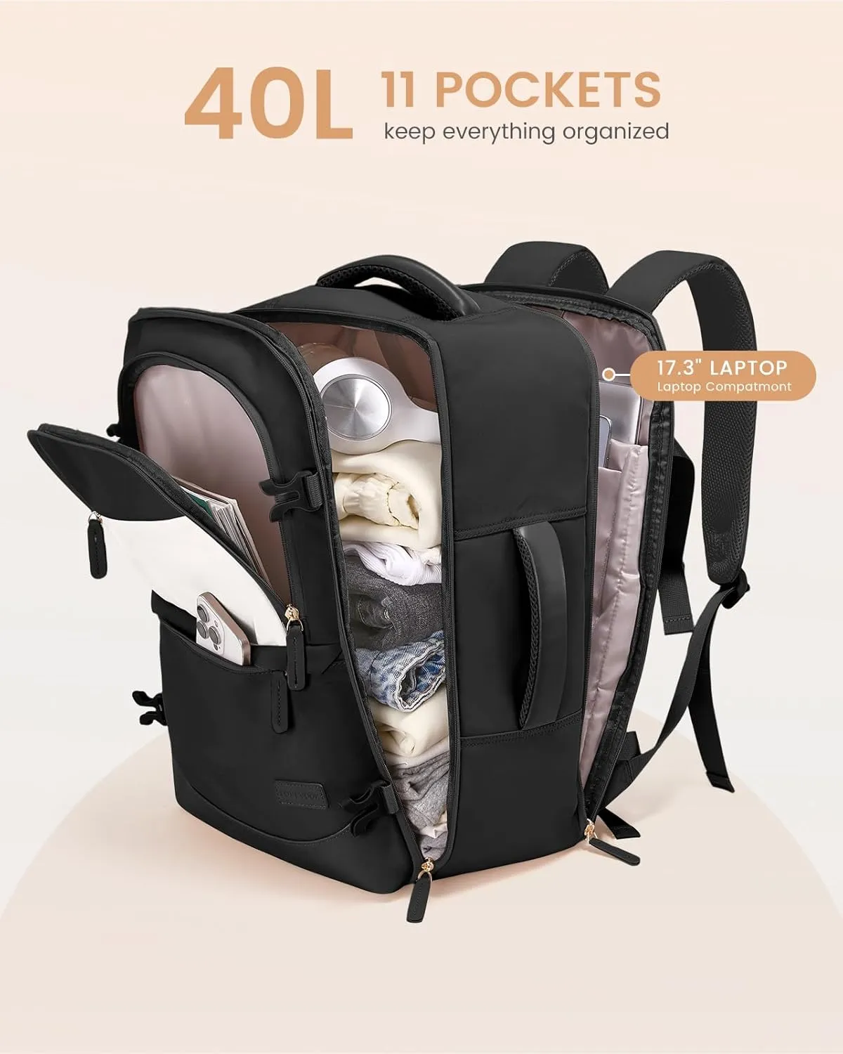 LOVEVOOK Travel Backpack for Women & Men, 40L Carry on Backpack Airline Approved, Large TSA Personal Item Travel Bag fits 17.3" Laptop, Business Weekender Bag for Essentials, 4Pcs