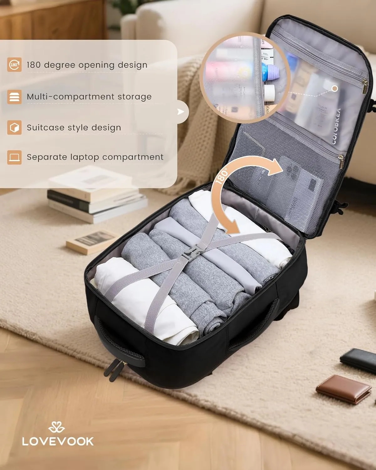 LOVEVOOK Travel Backpack for Women & Men, 40L Carry on Backpack Airline Approved, Large TSA Personal Item Travel Bag fits 17.3" Laptop, Business Weekender Bag for Essentials, 4Pcs