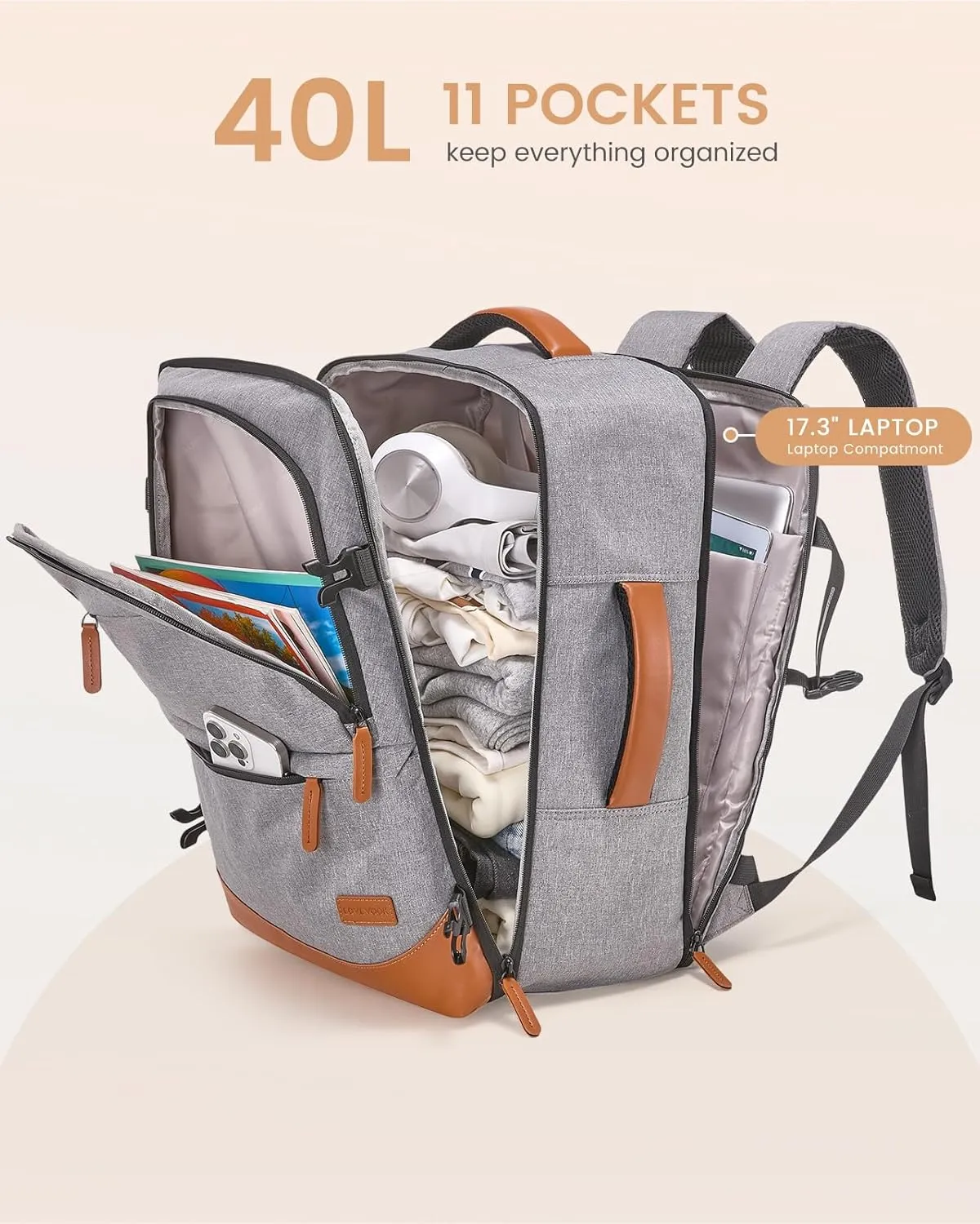 LOVEVOOK Travel Backpack for Women & Men, 40L Carry on Backpack Airline Approved, Large TSA Personal Item Travel Bag fits 17.3" Laptop, Business Weekender Bag for Essentials, 4Pcs