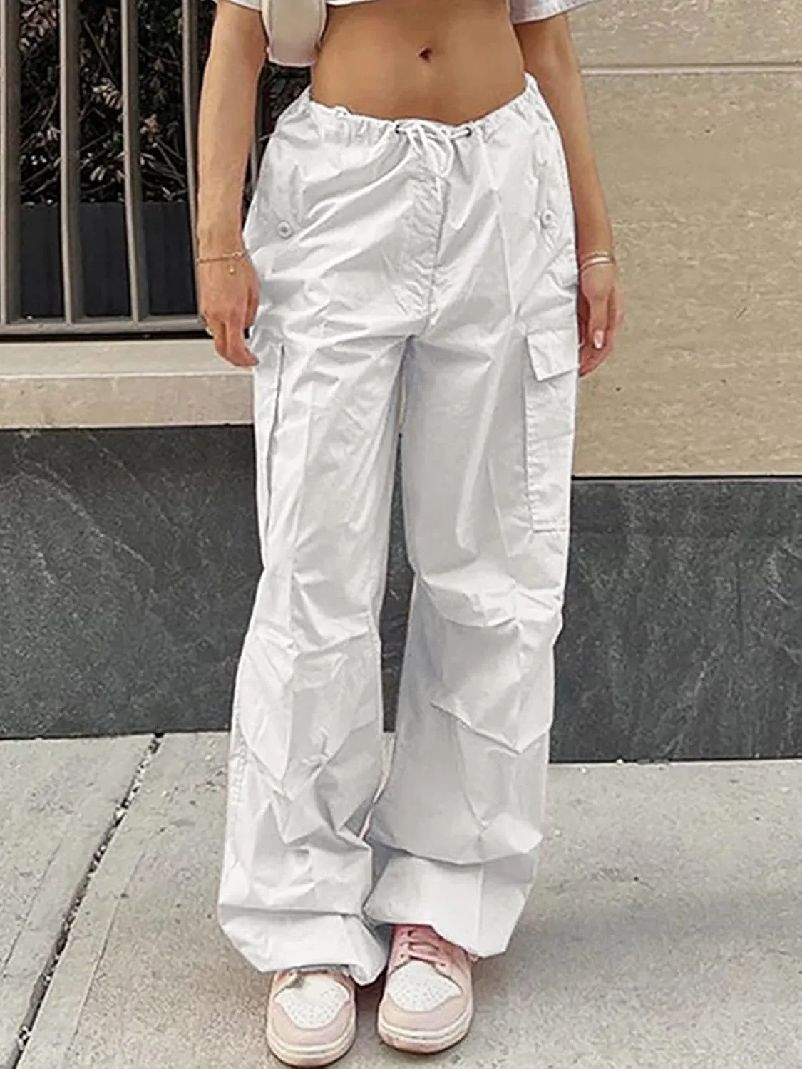 LQI Parachute Pants for Women Y2K Baggy Cargo Pants Drawstring Trousers Low Rise Loose Jogger Sweatpants